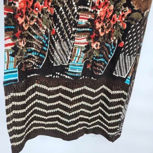 P. Luca Milano Midi Knit Dress Medium Brown Floral Sequin Bling Short Sleeve - Picture 5 of 11